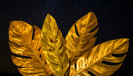 golden monstera leaves on a dark background with starry skyの素材