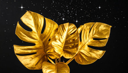 golden monstera leaves on black background with stars and space for textの素材