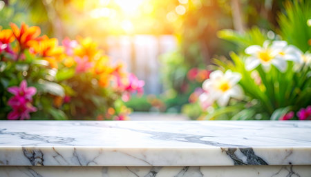 Marble stone table top and blur flower garden background with bokeh image.の素材