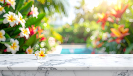 White marble table top with blur tropical garden background - can be used for display or montage your productsの素材