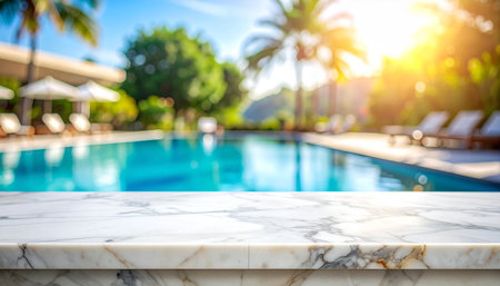 White marble stone table top and blur outdoor swimming pool background - can be used for display or montage your productsの素材
