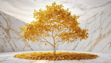 3d rendering of a golden autumnal tree on a marble backgroundの素材