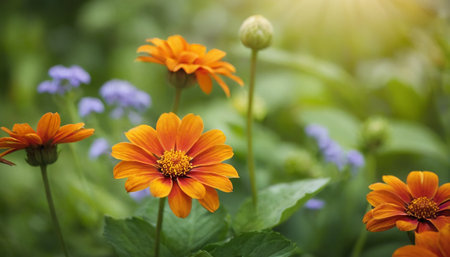 Orange zinnia flower in the garden with green leaf background.の素材