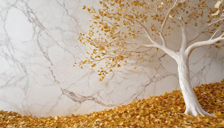 White tree and autumn leavesle background. 3d rendering.の素材