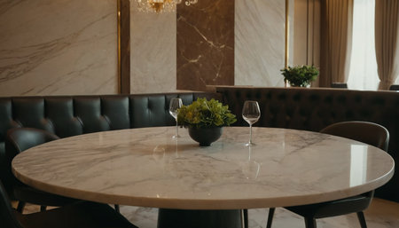 Luxury interior of a restaurant with a marble table and chairsの素材