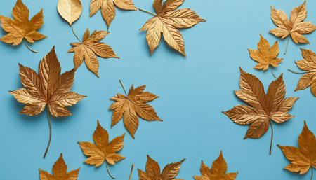 Autumn leaves on blue background, flat lay. Space for textの素材