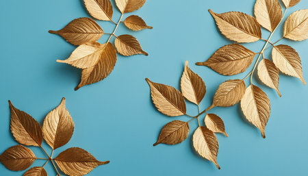 Autumn composition. Golden leaves on blue background. Flat lay, top view, copy spaceの素材