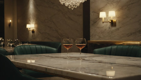 Two glasses of red and white wine on a table in a restaurantの素材