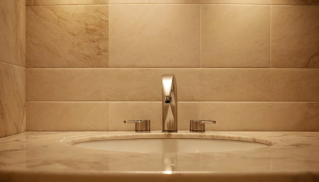 Modern bathroom faucet and sink in luxury hotel bathroom interior.の素材