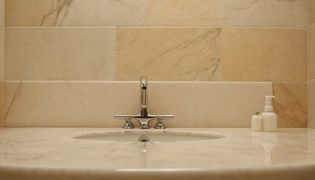 Water faucet and soaple countertop in bathroom.の素材