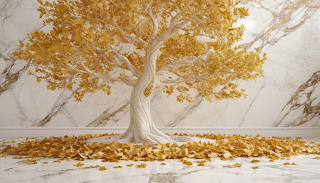 3d rendering of a white tree with golden leaves in a marble roomの素材