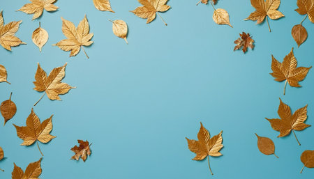 Autumn composition. Frame made of autumn leaves on blue background. Flat lay, top view, copy spaceの素材
