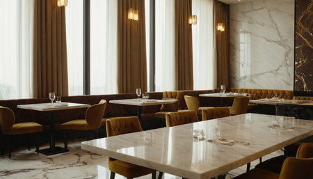 Interior of a luxury restaurant with wooden tables and chairs, nobodyの素材