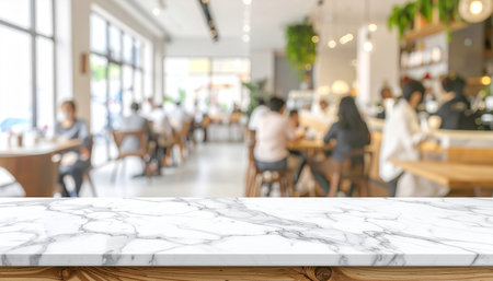 Empty white marble table and Coffee shop blur background with bokeh image.の素材