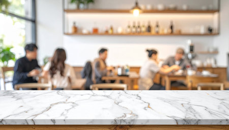 Empty white marble table and blurred people in coffee shop background, product display montageの素材