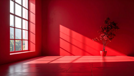 Empty room with red walls, floor, window and vase with red flowersの素材