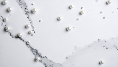 White pearls on a marble background. Flat lay, top view.の素材