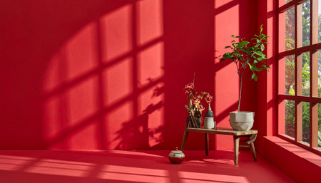 Interior of a living room with a red wall and a wooden chairの素材