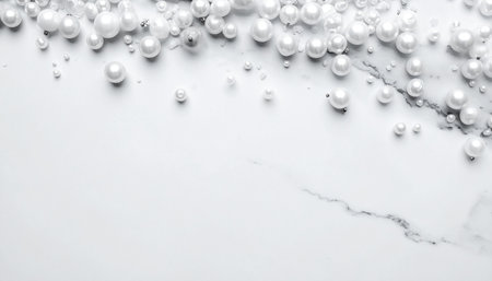 White and silver pearls on a marble background, top view.の素材