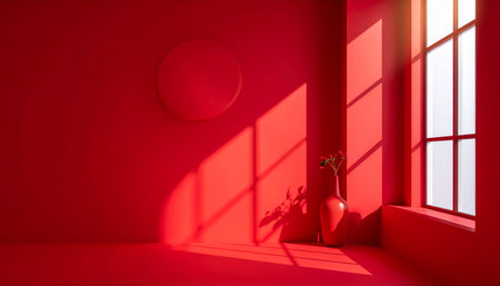 3d rendering of a red room with a large window and a vaseの素材