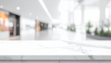 White marble table top and blur interior of modern shopping mall background.の素材