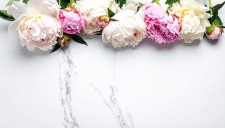 Bouquet of pink and white peonies on white marble backgroundの素材