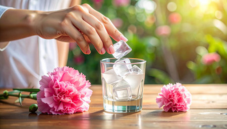 Woman hand holding ice cubes in glass of water and pink carnation flower on wooden table.の素材