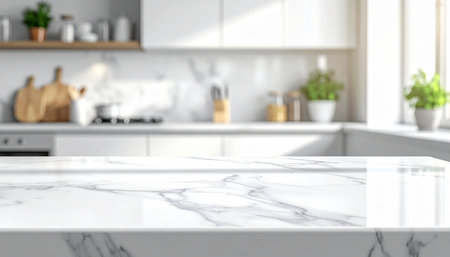 White marble countertop with blurred kitchen in background. 3D Renderingの素材