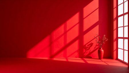 Red vase with flowers on the windowsill. 3d renderingの素材