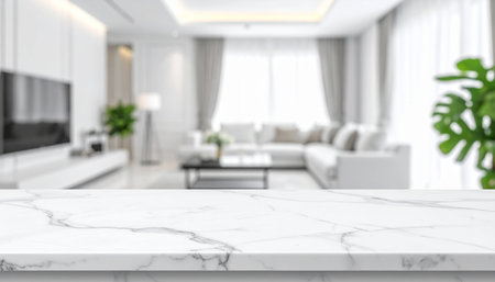 White marble table top on blurred living room background. 3d renderの素材