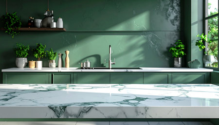 White marble countertop in modern kitchen interior 3D rendering mockupの素材