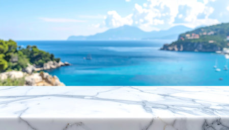 Marble stone with sea view background, for product display montageの素材