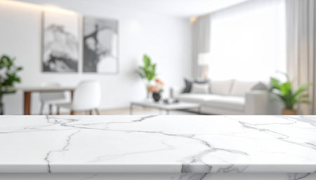 White marble table top with blurred living room interior background, product display montageの素材