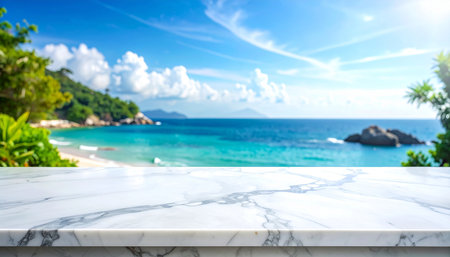 White marble table top with blur tropical beach background - can be used for display or montage your productsの素材