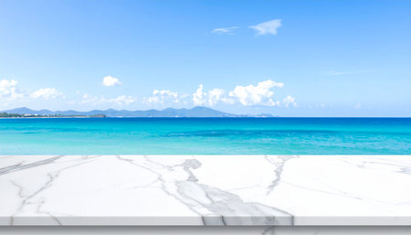 White marble table top with sea and sky background. For product displayの素材