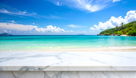 White marble table top with blur tropical beach background - can be used for display or montage your productsの素材