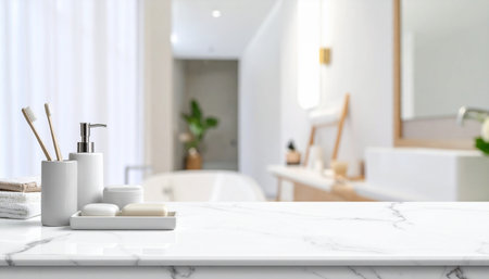 White marble bathroom interior with sink, towel and toiletries. 3d renderの素材