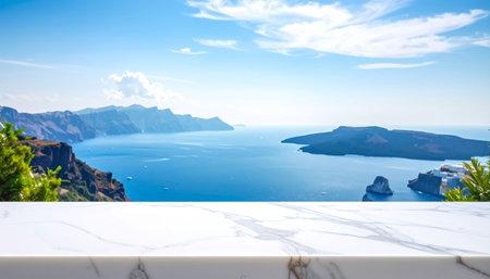 White marble table top with sea view background.For montage product display or design key visual layoutの素材