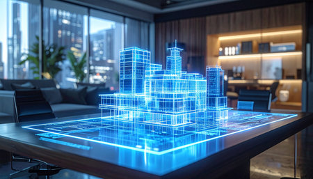 Abstract city hologram on a table in a modern office. 3D rendering.の素材