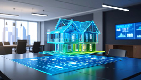 3D rendering of a house hologram on a table in an officeの素材