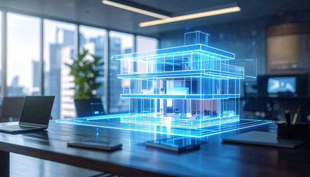 House hologram on office desktop with laptop and city view. 3D Renderingの素材