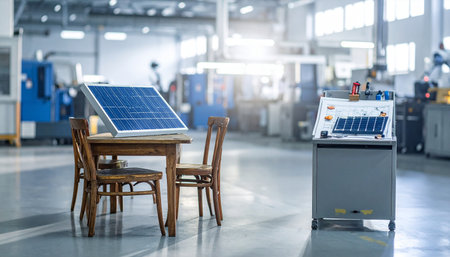 Solar panels on a table in a factory. Renewable energy conceptの素材