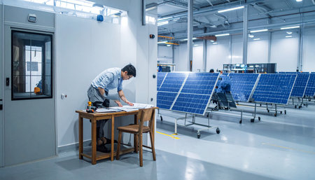 engineer working with blueprints in solar panel power plant at factoryの素材