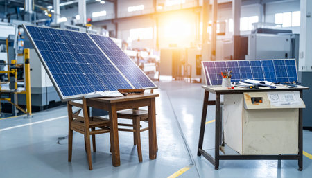 Solar panels on table in factory. Alternative energy source concept. Solar panels for producing clean energy.の素材