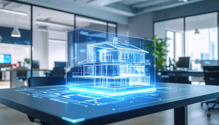 House hologram on the table in modern office interior. 3D renderingの素材