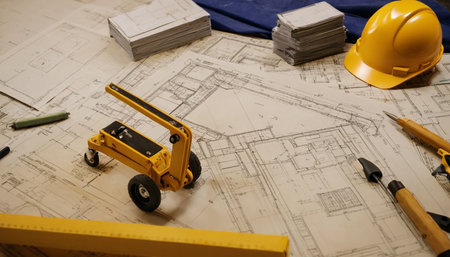 Architectural blueprints of the house and a yellow excavatorの素材