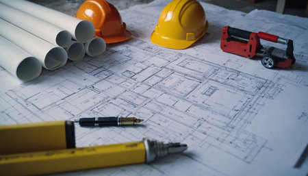 Architectural blueprints with yellow hardhat and pencil on deskの素材