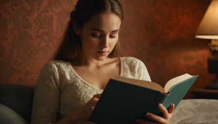 Beautiful young woman reading a book while sitting on a sofa at homeの素材