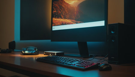 computer and mouse on the table in front of the monitor in a dark roomの素材