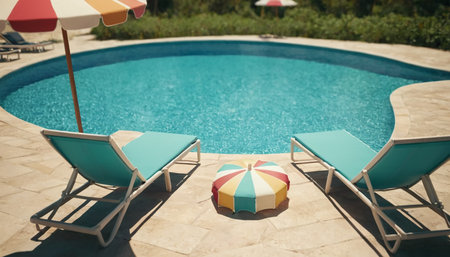 Swimming pool with sun loungers and umbrellas. Vacation conceptの素材